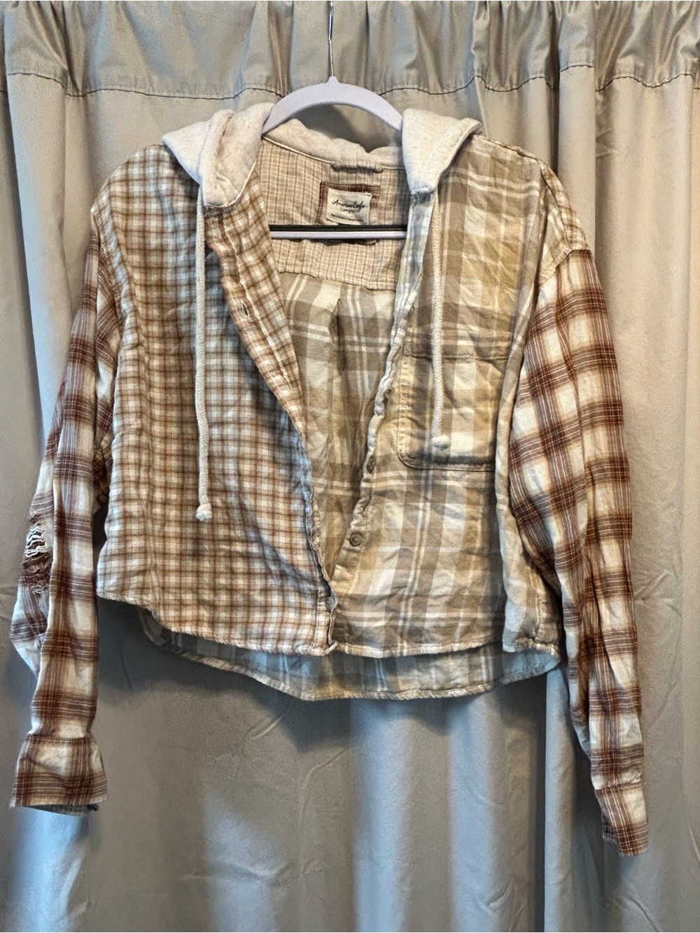 American Eagle Outfitters Plaid Hooded Cropped Jacket - Beige, Brown